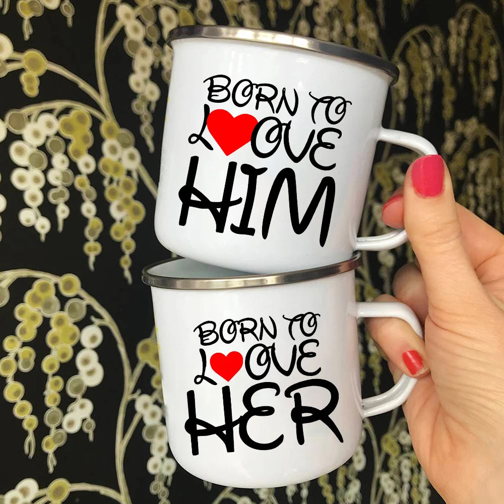 Born To Love Him/Her Print Lovers Enamel Mugs